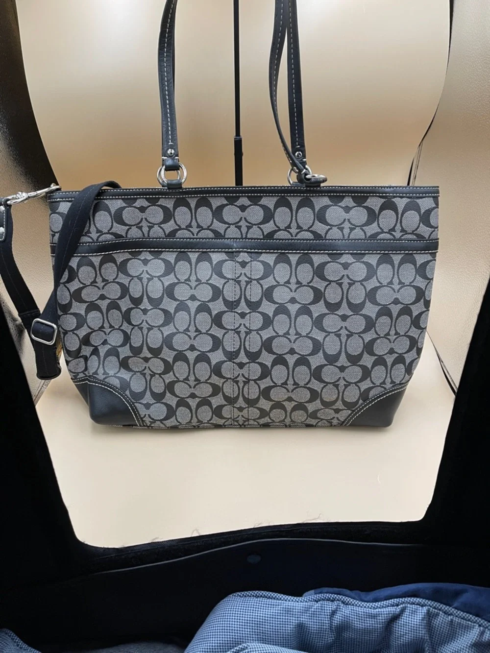 Coach Signature Stripe Tote Black and Light Gray Denim Canvas Look Work or Baby